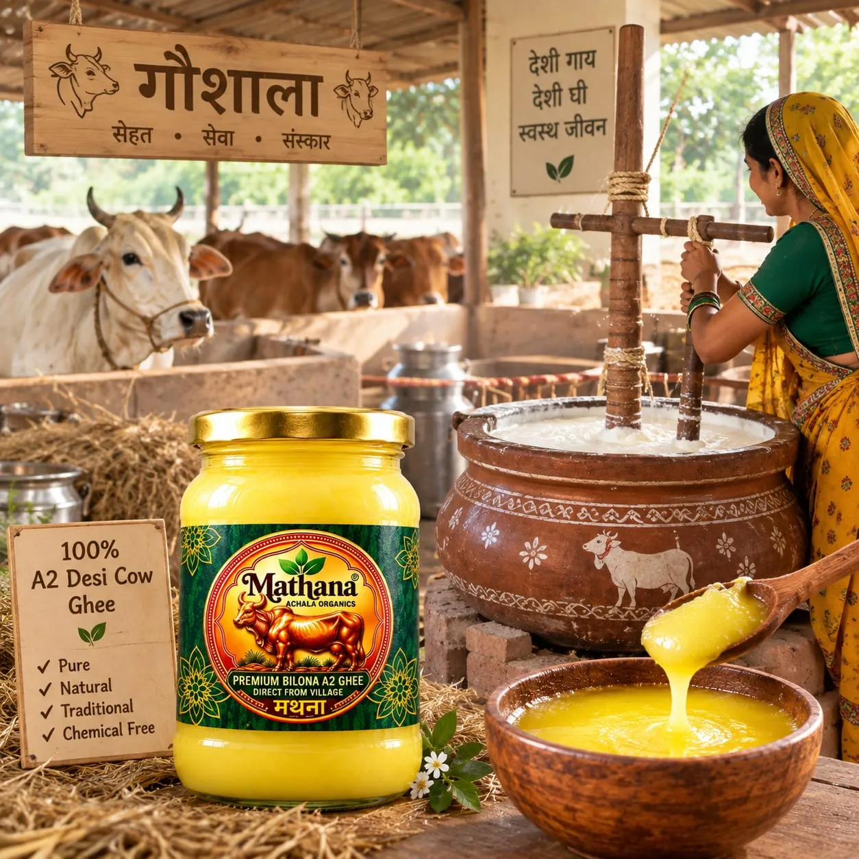 Warm glowing jar of Mathana pure A2 Gir cow bilona ghee on a rustic wooden table in early morning village sunlight with churning vessels