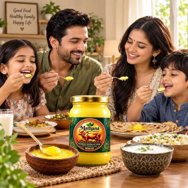 Indian family sharing meals with Mathana pure A2 Gir Cow Ghee - हर बूंद में विश्वास
